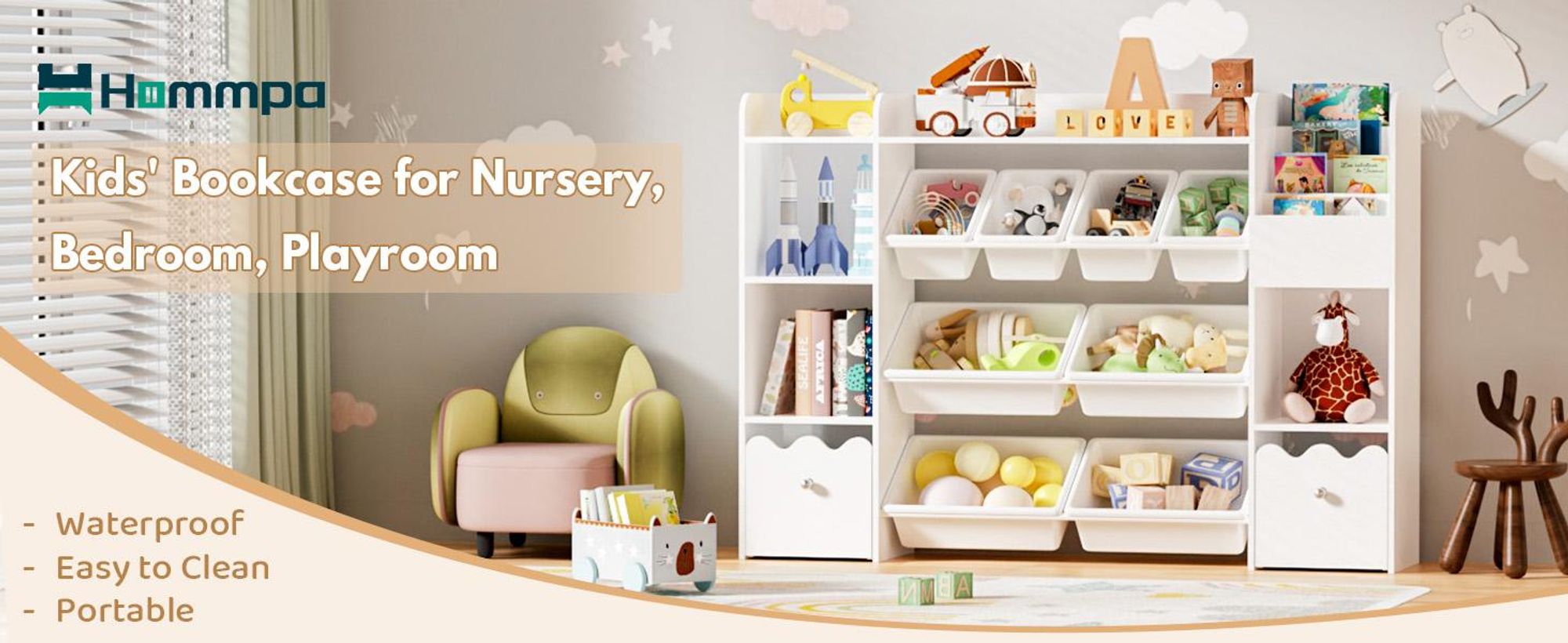 HOMMPA Kinder Bücherregal mit Rädern, 4-Tier Spielzeug-Organizer, 4-in-1 Regal mit Schublade, Aufbewahrung für Kinderzimmer, Kita & Spielraum, Weiß