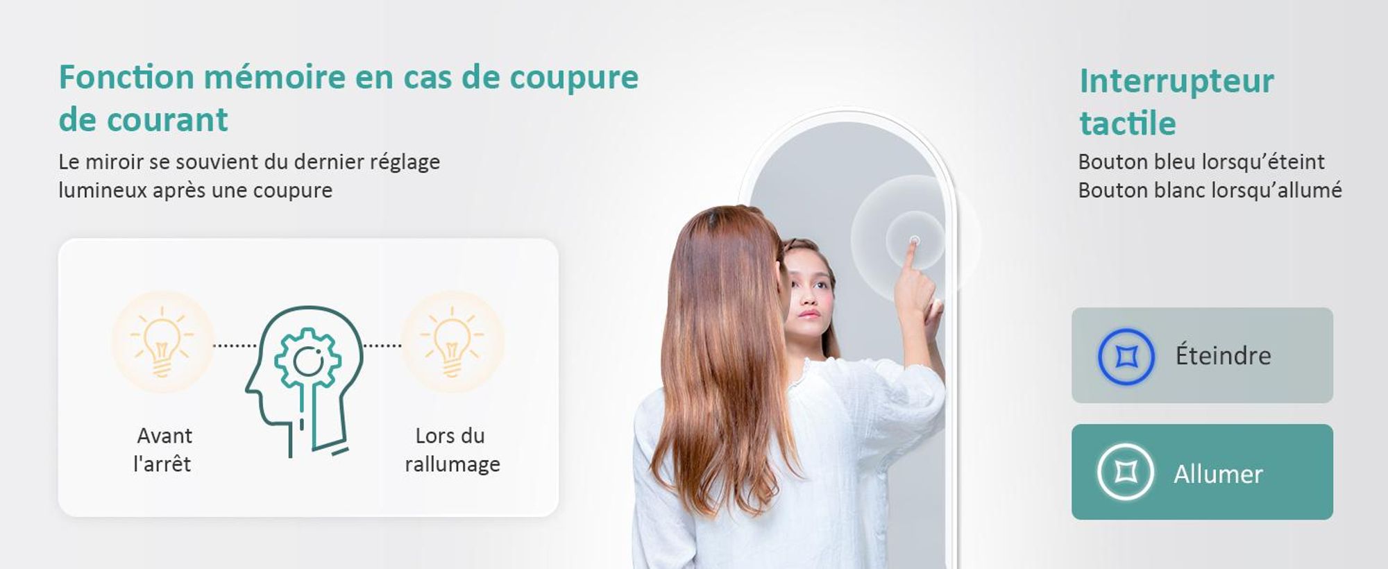 EMKE Miroir intégral 3 couleurs de lumière et luminosité réglable Miroir sur pied, interrupteur tactile, fonction mémoire Miroir d'habillage bombé avec cadre blanc, 147×45cm
