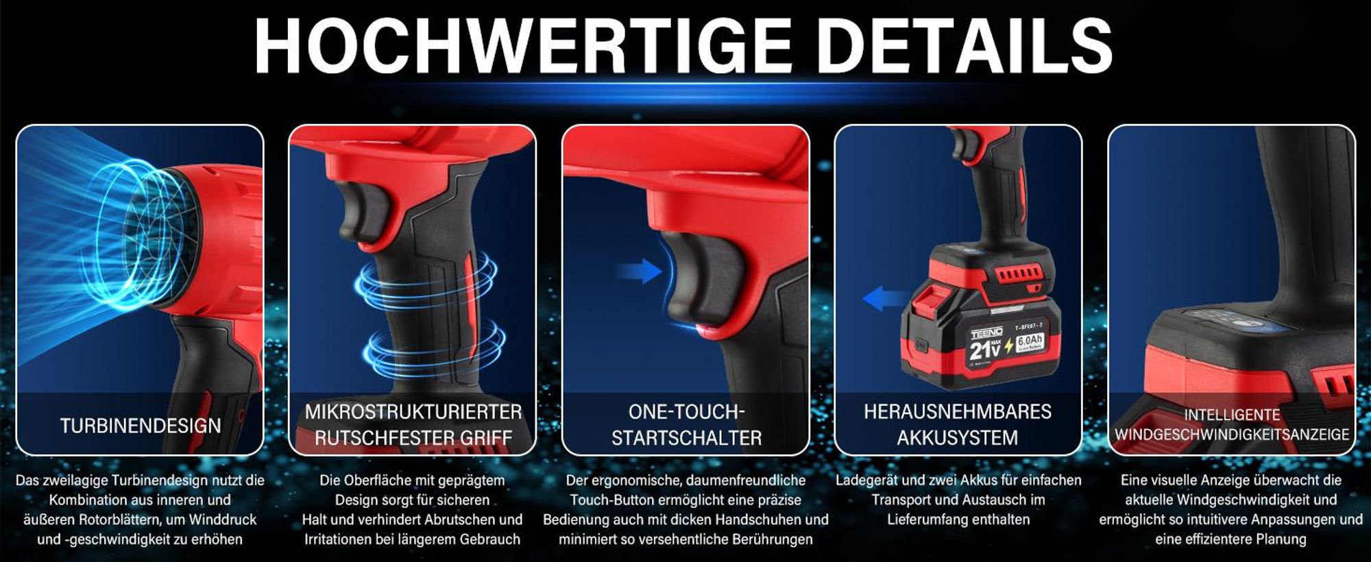 TEENO - Kabelloser Laubbläser 21V – 3 Geschwindigkeiten Max 35000 U/Min, Leicht, Kompakt, 3 Düsen Enthalten, 2x6,0Ah Akkus - Ladegerät