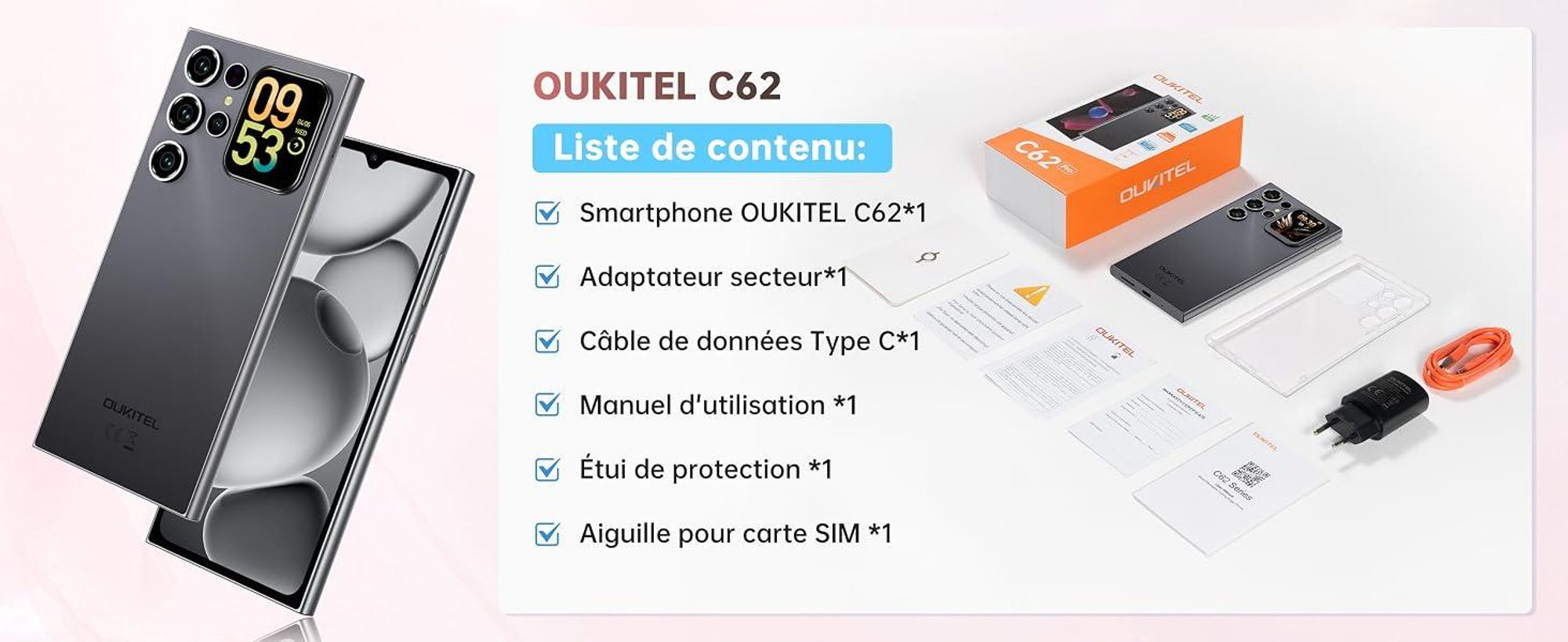 OUKITEL C62 Smartphone Android 15, Téléphone Portable 16 Go RAM (4+12) + 128 Go, Écrans 6,88" et 1,81", Batterie 5150 mAh, GPS/OTG, Noir
