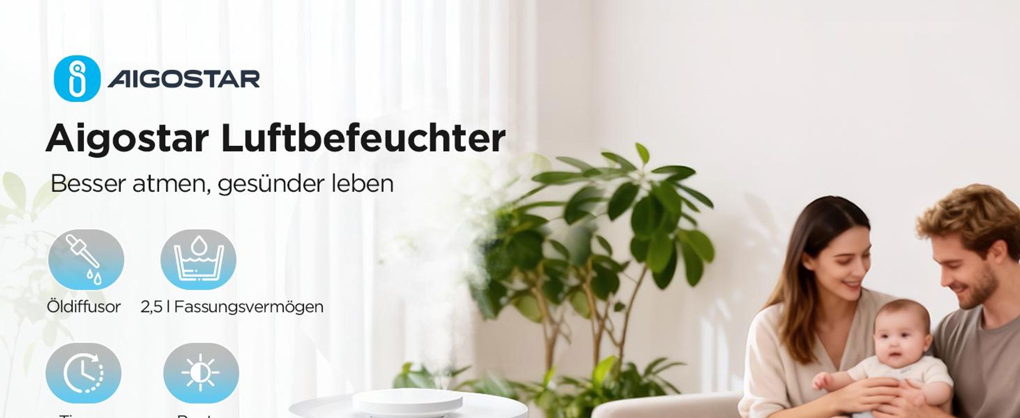 Aigostar - für Schlafzimmer Leise individuelle Luftfeuchtigkeit 7 Farblichter