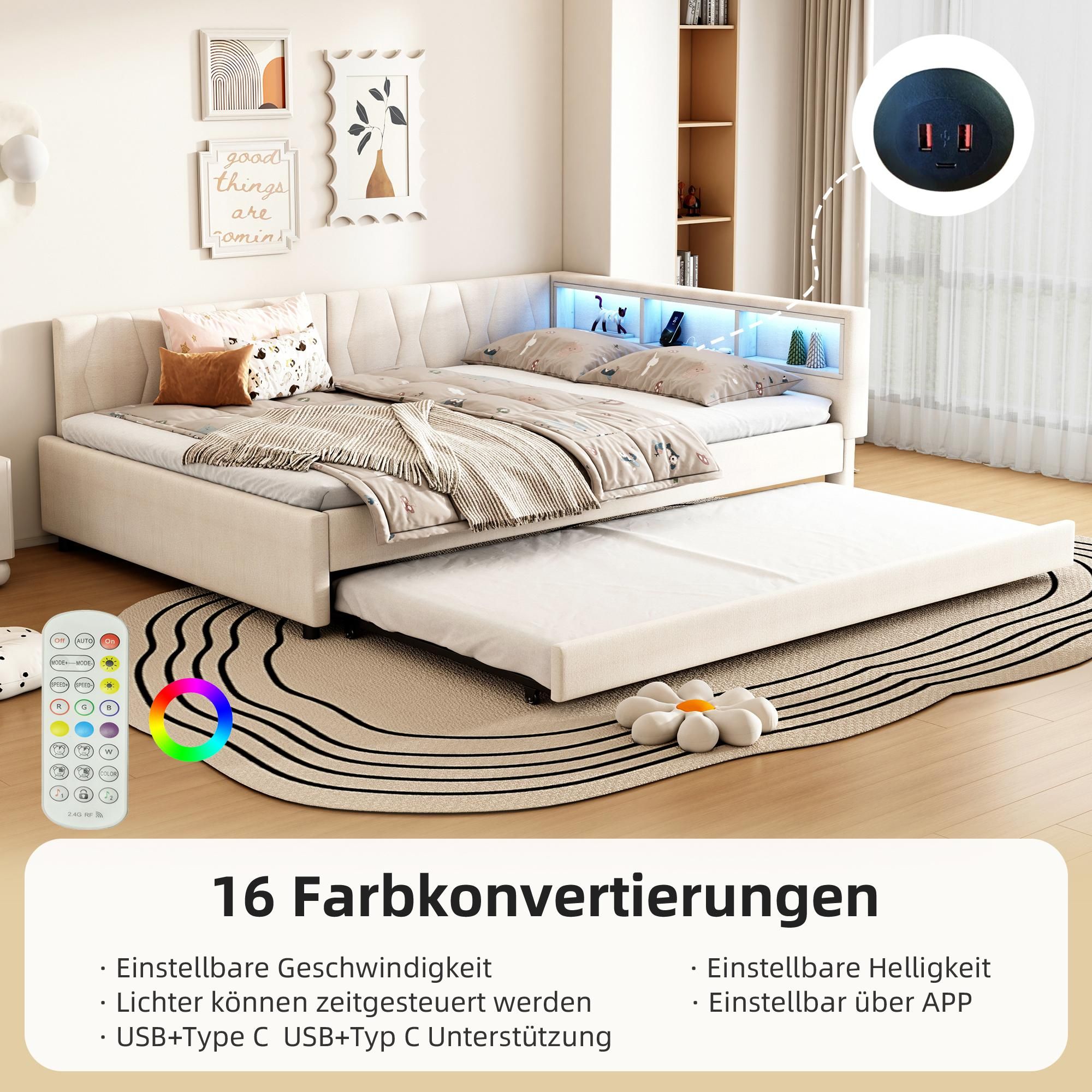 Merax Tagesbett Daybett 140x200 cm, mit Ausziehbett 90x190 cm, Gästebett mit LED, USB+Typ C, Schlafsofa, Leinen Polsterbett, Beige