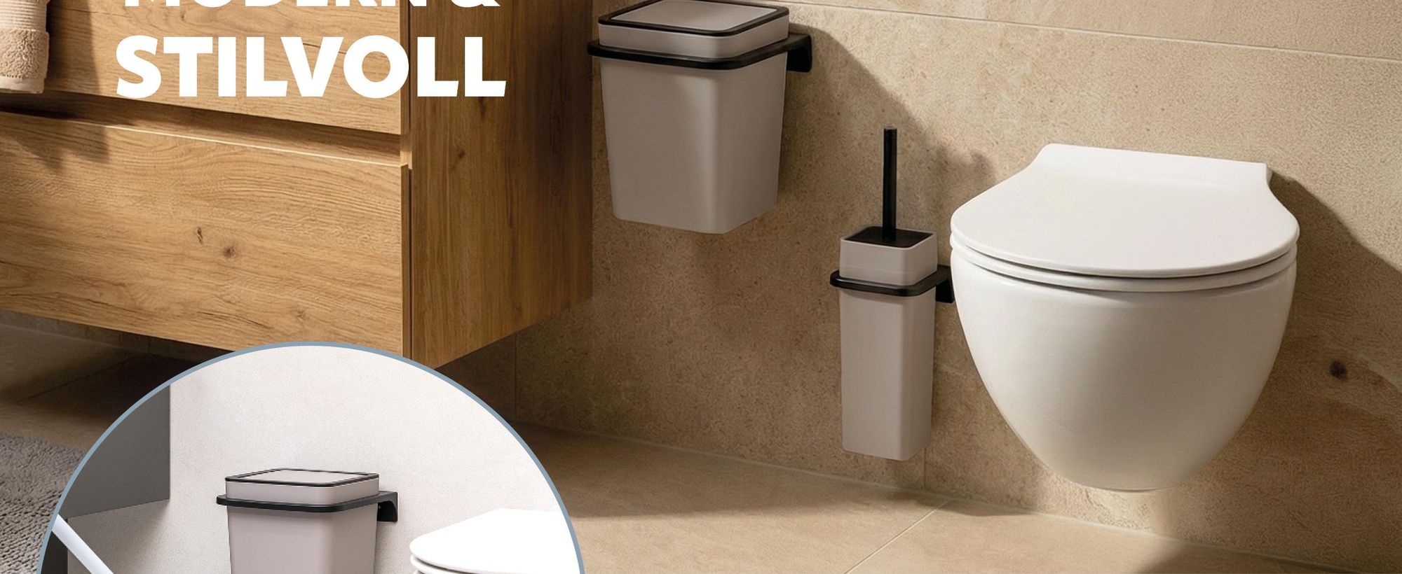 Das Bild zeigt einen Kosmetikeimer und eine WC-Garnitur an der Wand montiert