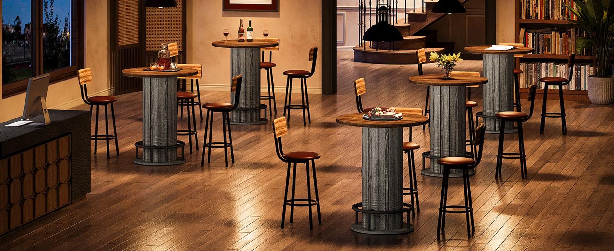 Tribesigns Runder Bartisch, 100 cm hoch, Bistrotisch aus Holz mit Metallring-Fußstütze für Essbereich, Kaffeebar, Cocktailbar, Wohnzimmer,Braun & Grau