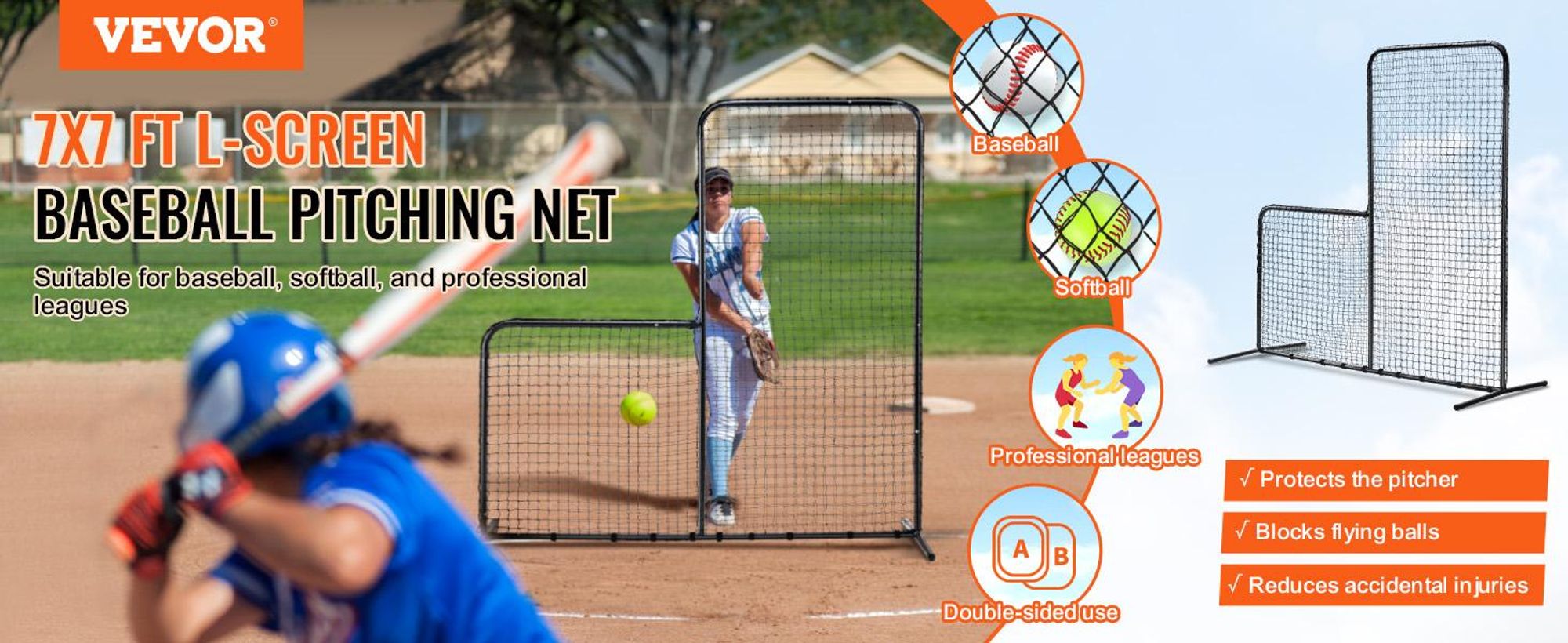 VEVOR L Bildschirm Baseball für Schlagkäfig, 7x7 ft Softball Sicherheitsbildschirm, tragbarer Körperschutz Schlagbildschirm mit Tragetasche, Rädern, Erdnägeln, strapazierfähigem Pitching-Netz zum Schutz der Werfer