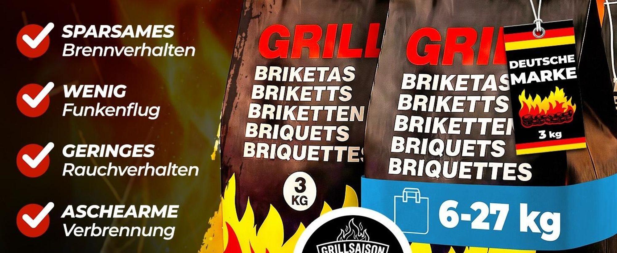 DEUBA® 27 kg Grillbriketts 9 x 3 kg Holzkohle Grillkohle Holzkohlebriketts Holzkohlegrill Grill Brikett Kohle