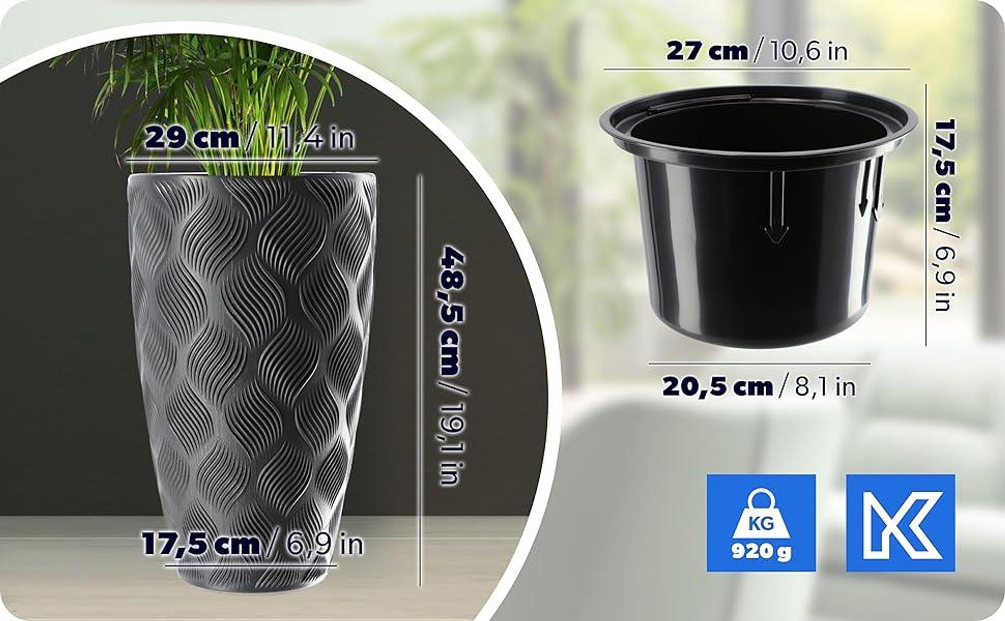 KADAX Blumentopf mit Einsatz "Jesi", Pflanzkübel aus Kunststoff, UV-Resistenter Topf, hoch, 30 cm, Anthrazit