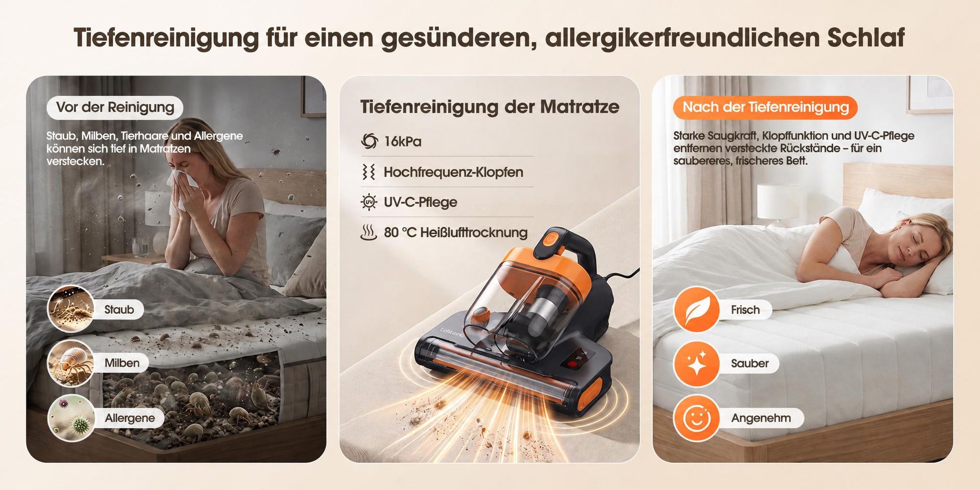 Lubluelu CM209 Milbensauger Handstaubsauger für Matratzen 16 kPa, 450 W LED-Staubsensor, 80 °C Warmluft, UV-C-Licht, 65.000 Schläge/min & HEPA-Filter
