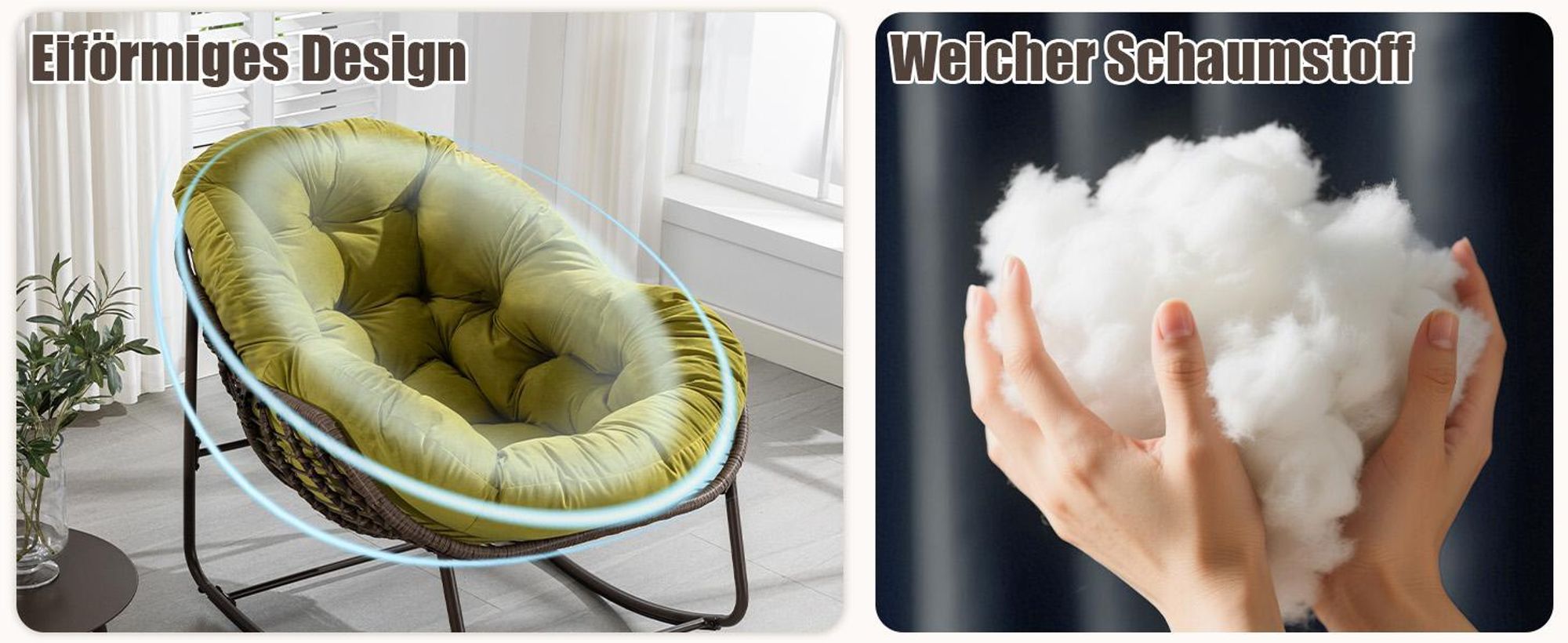 LVHOM Schaukelsessel Garten mit Kissen, 2 Stk. Rattanstühle mit Stahlrahmen, Schaukelstuhl Lounge-Schaukelsessel, Sessel für Balkon, Olivgrün