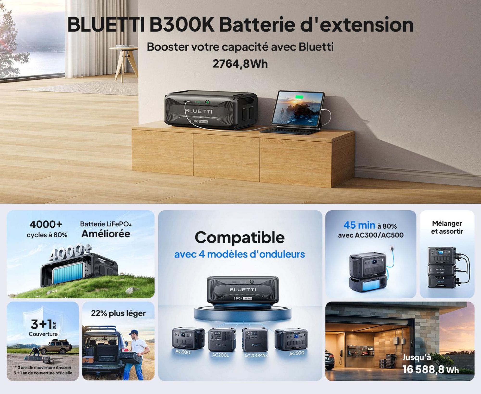 Batterie d'extension BLUETTI B300K pour générateur solaire, 2764,8 Wh, batterie supplémentaire pour la maison, les urgences et les voyages