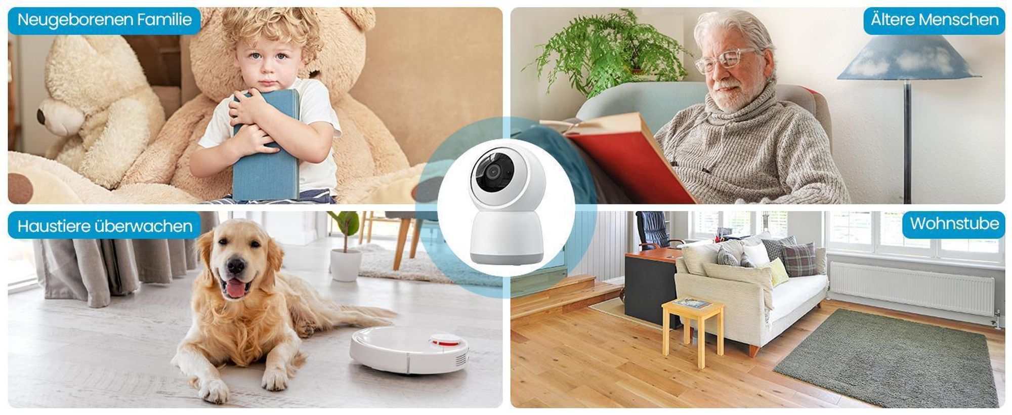 Überwachungskamera 4 Stück, Schwenkbar 360°, WLAN 2.4/5GHz, KI Personenerkennung, Auto-Tracking, Indoor für Baby, Kinder, Haustiere, 15M Nachtsicht