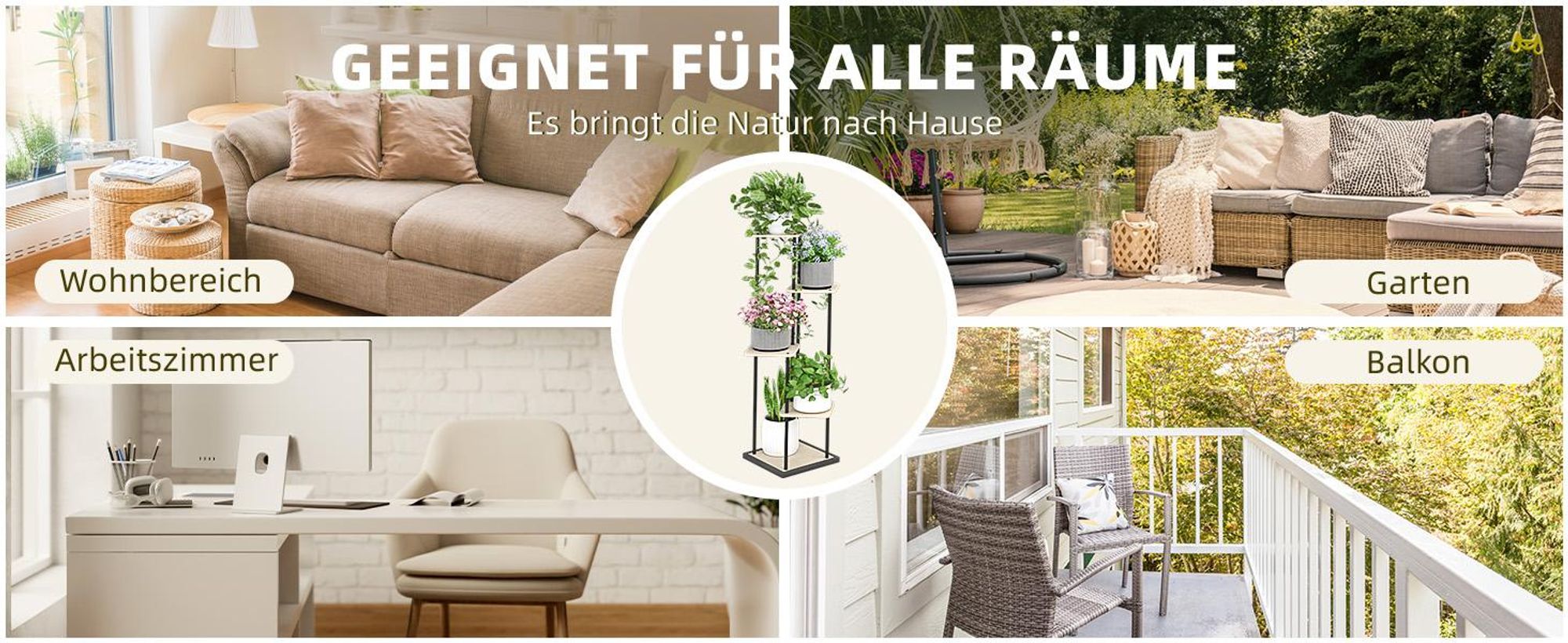 Ribelli Pflanzentreppe 5 Etagen Pflanzenständer, Blumenständer 106cm Höhe Blumenregal aus Holz und Metall, Deko für Balkon Garten Wohnzimmer, Holz