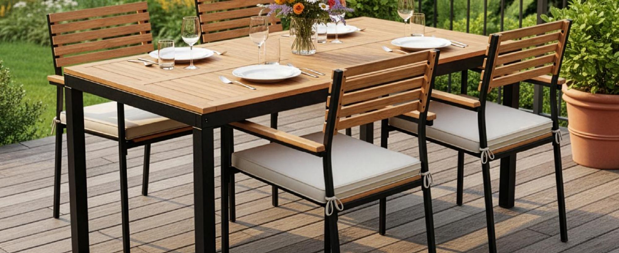 Juskys Akazienholz Gartengarnitur Rhodos - Tisch, 4 Stühle & Auflagen - Gartenmöbel Holz