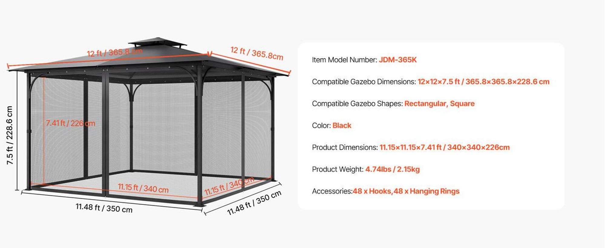 VEVOR Moskitonetz für Pavillon, Mückennetz Ersatz, passend für 365,8x365,8x228,6 cm große Pavillons, Insektenschutz 4-teiliger Seitenwand-Pavillonvorhang