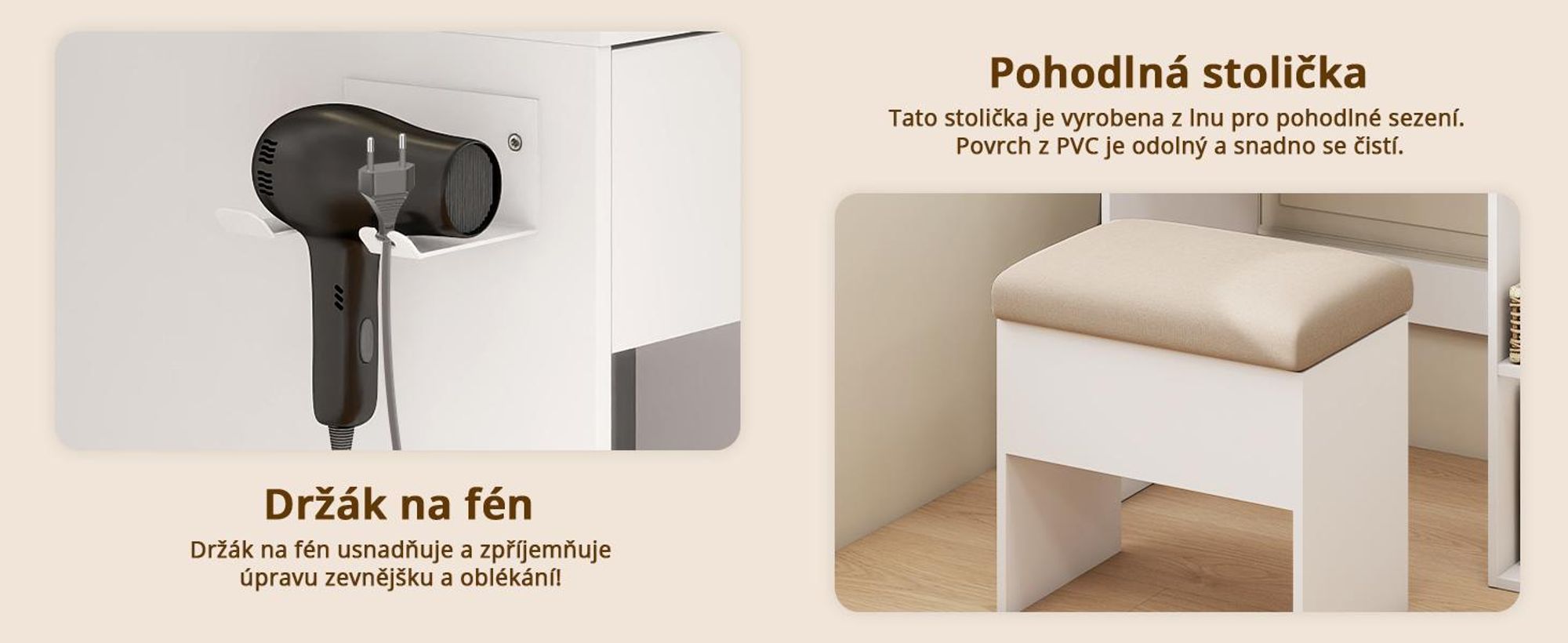 Kosmetický stolek Puluomis s regulovatelným LED osvětlením, toaletní stolek se zásuvkou, držákem na fén, USB porty a zásuvkami, skleněnou deskou, a stolička s úložným prostorem, bílá barva