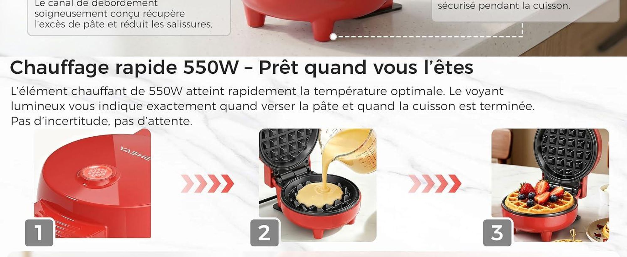 YASHE Mini gaufrier ABW59C, 550 W, plaque 10 cm, antiadhésif, rouge