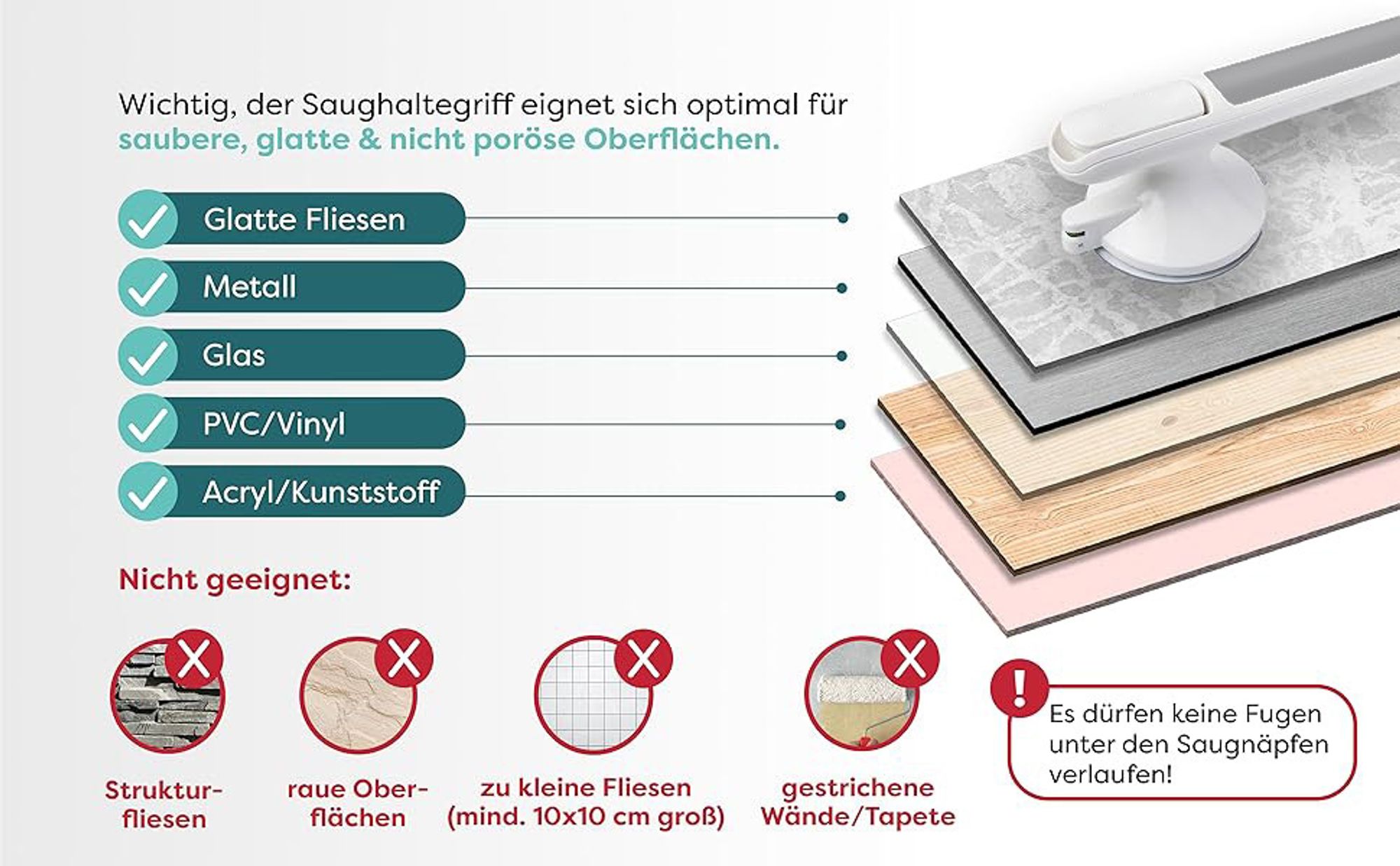 Haltegriff mit Saugnapf - Haltegriff Dusche Extra starker Halt 110 KG, Haltegriffe für Senioren, Badewannengriff ohne Bohren, Duschgriff mit Saugnapf