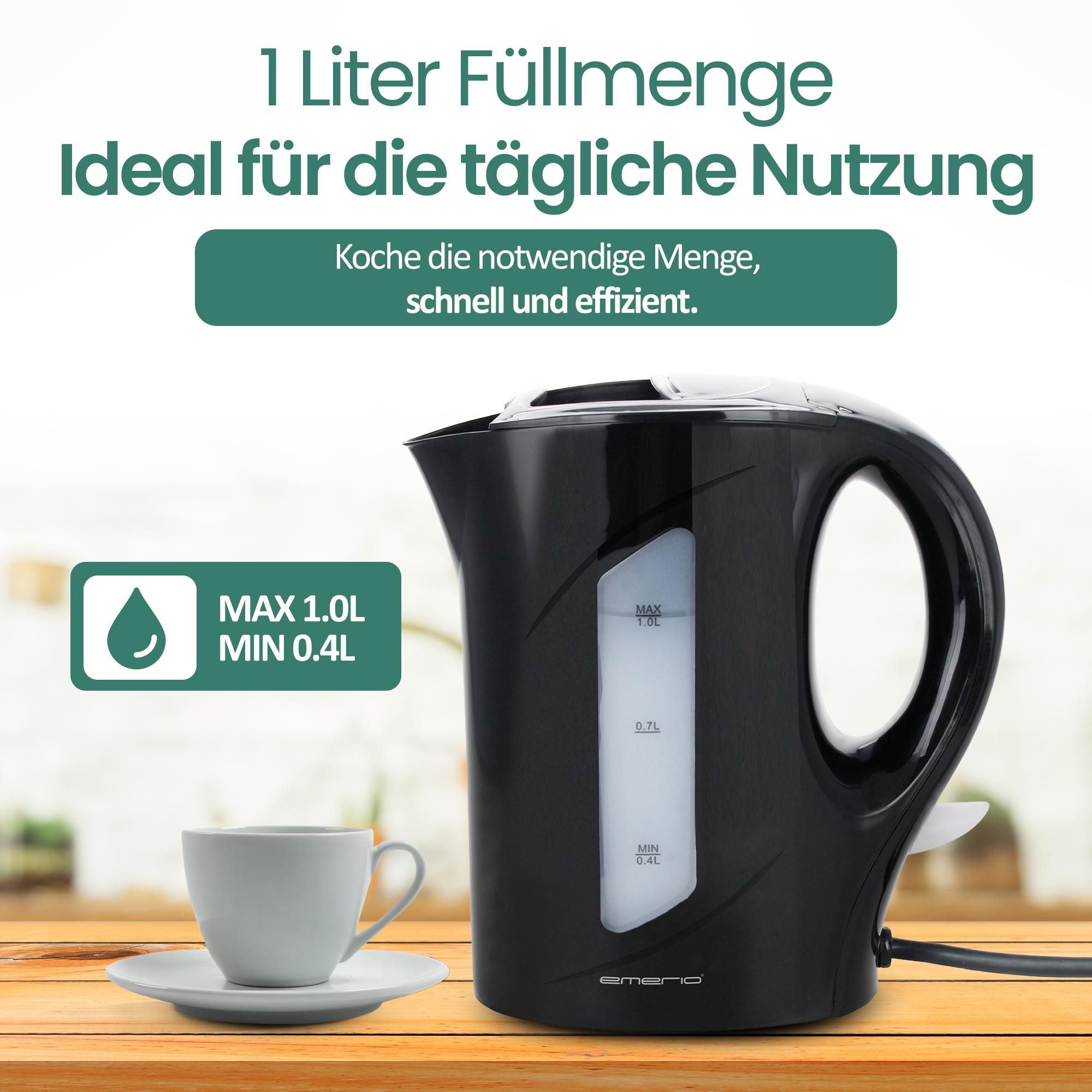 Emerio Wasserkocher 1 Liter – Überhitzungsschutz – Automatische Abschaltung – Wasserstandsanzeige – 900 W – WK-121616.1 - Schwarz