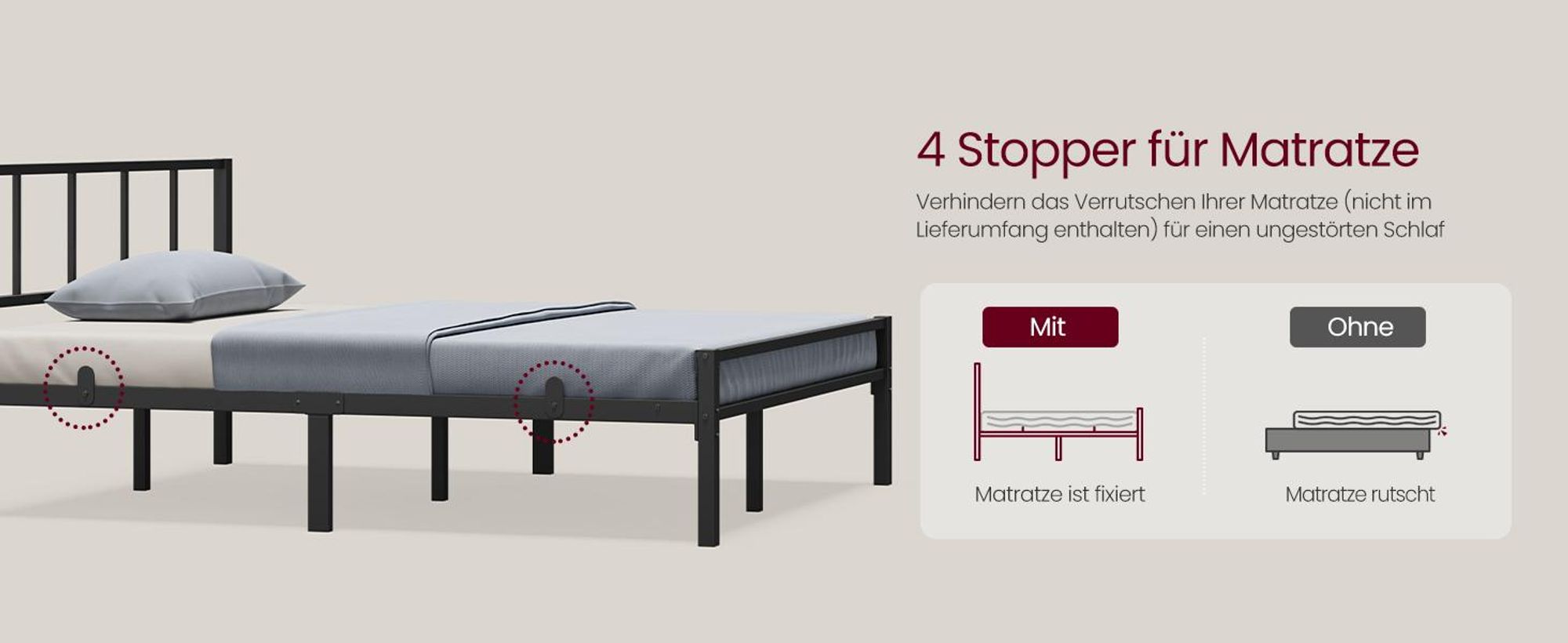 VASAGLE Metallbett 140 x 200 cm, stabiler Bettrahmen mit Kopfteil und Lattenrost, Bettgestell, einfache Montage, schwarz