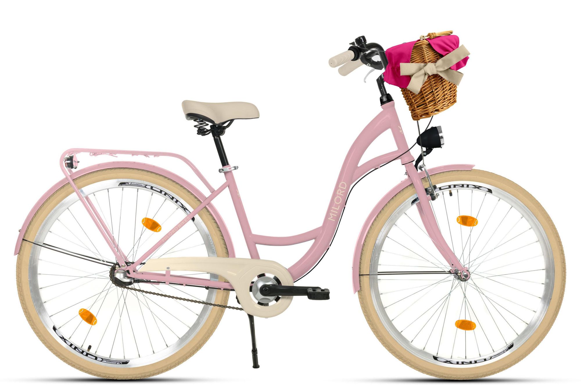 Milord Komfort Fahrrad Mit Weidenkorb Damenfahrrad, 26 Zoll, Rosa-Creme, 3 Gang Shimano