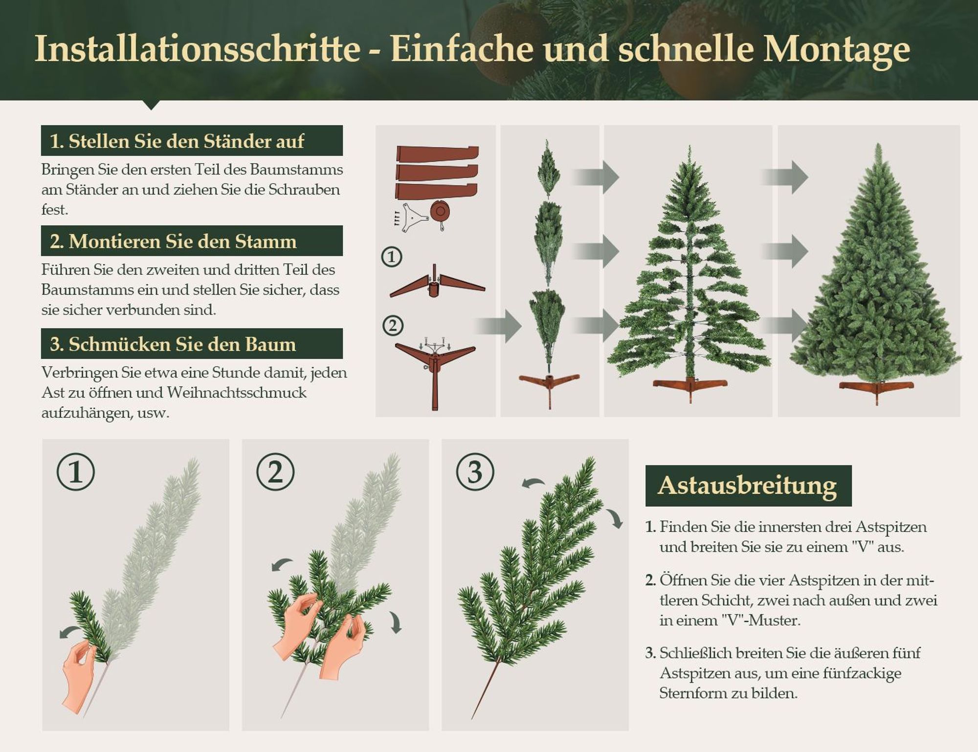 Salcar Künstlicher Weihnachtsbaum 210 cm Tannenbaum mit natürlichen Zweigfarben und Echtholzständer Christbaum Nordmanntanne, mit 1066 Zweigen