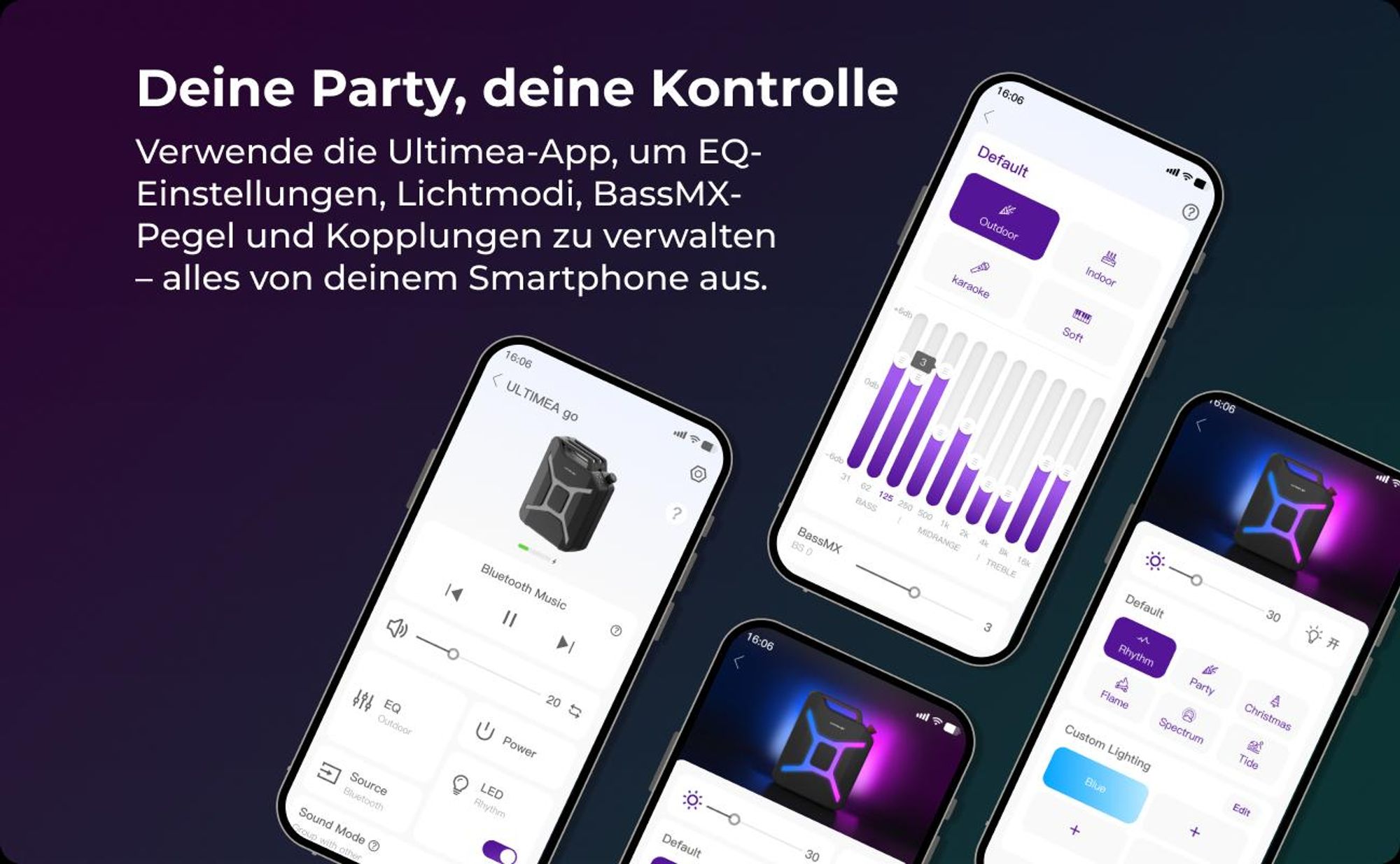 ULTIMEA Go tragbarer Party-Lautsprecher, 300 W Bluetooth PartyBox mit Bass-Boost, RGB-Beleuchtung, Mikrofon-/Gitarreneingang, Party & Outdoor, Schwarz