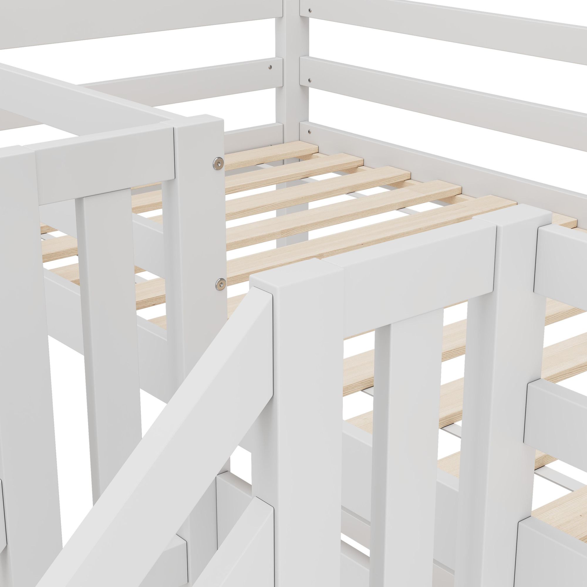 Merax Etagenbett 90x200cm , 3 Betten für Kinder, mit Stauraumleiter, Nachttisch mit Schubladen, Geländer, Stockbett Massivholz, Jugendbett, Weiß