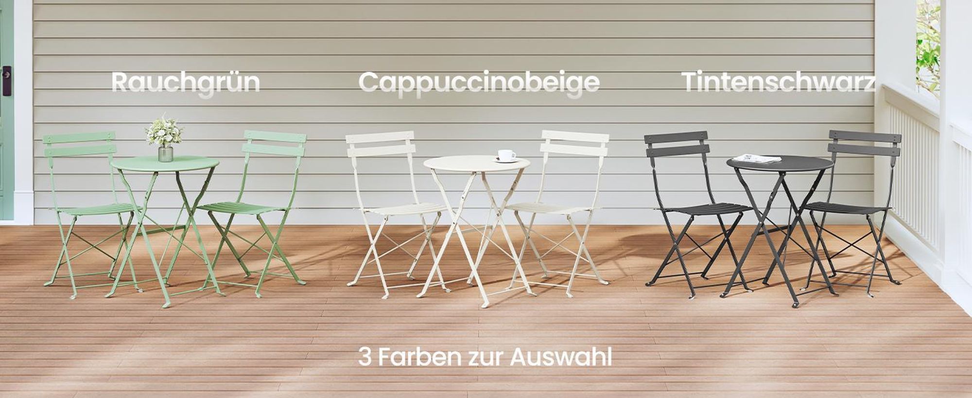 SONGMICS Balkonmöbel 3-teilig, 1 Klapptisch mit 2 Stühlen, Gartenmöbel-Set, aus Stahl, für Balkon, Terrasse, beige