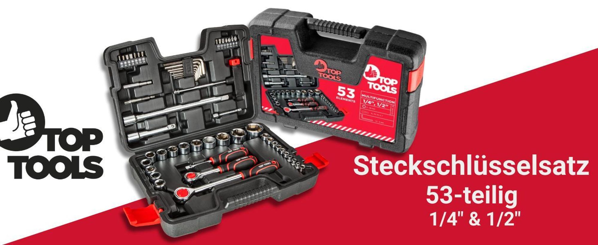 TOP TOOLS Steckschlüsselsatz 53-teilig 1/4 & 1/2 Zoll – Ratschenkasten mit Stecknüssen & Zubehör