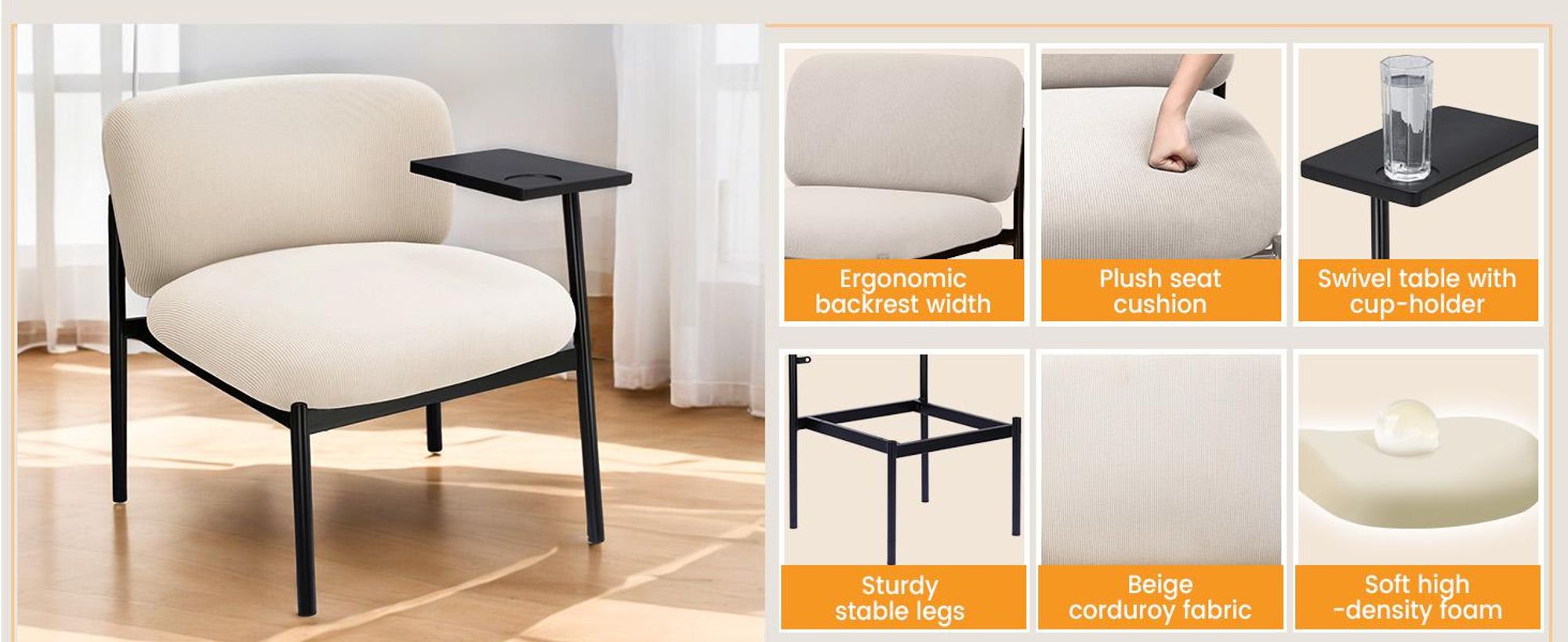 COMHOMA Loungesessel Sessel Relaxsessel Ohrensessel modern, Polsterstuhl mit Metallbeinen, Einzelsofa für Wohnzimmer/Schlafzimmer/Garten, Beige