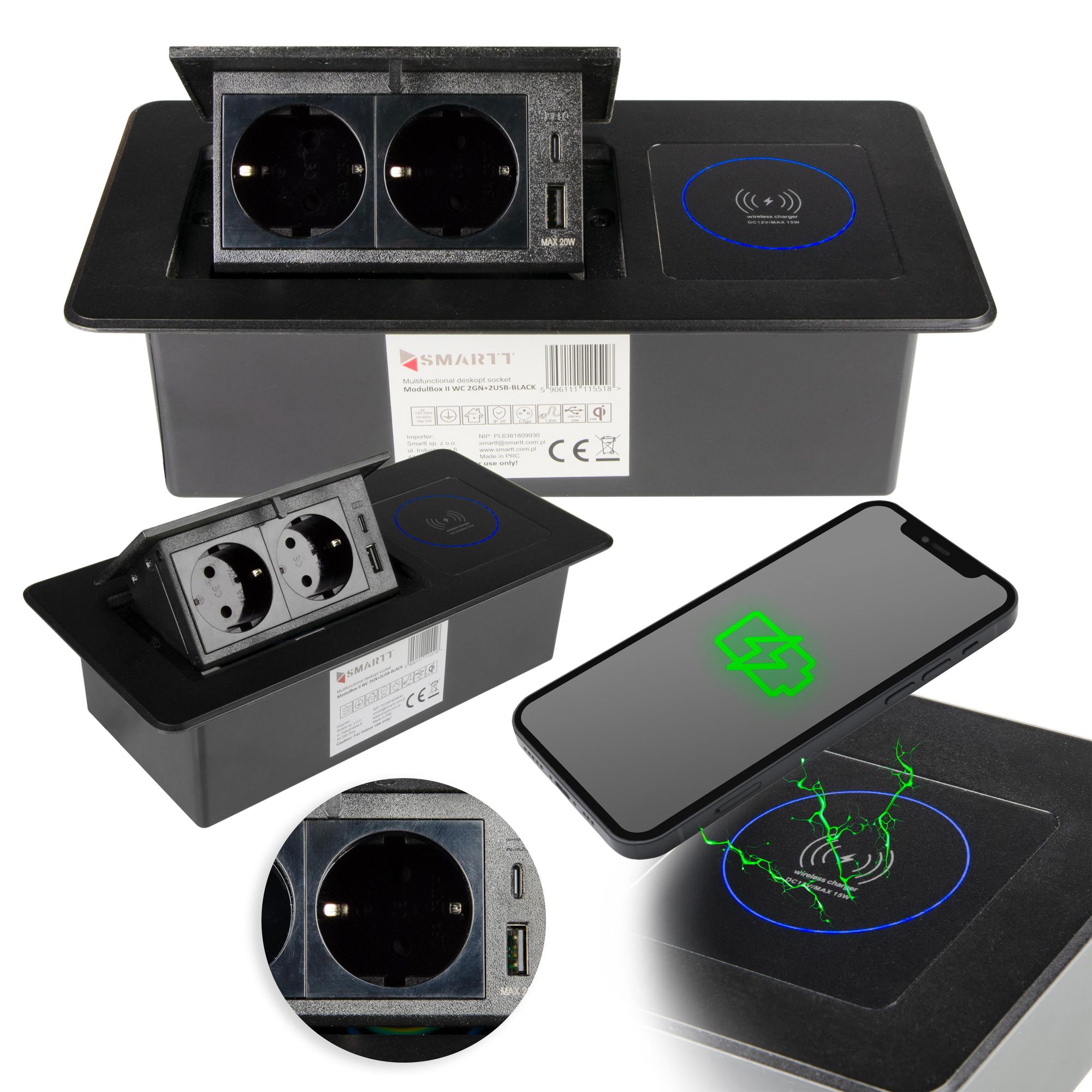 2-fach Versenkbare Steckdose Modulbox II USB-A C 20W Induktion 15W Schwarz