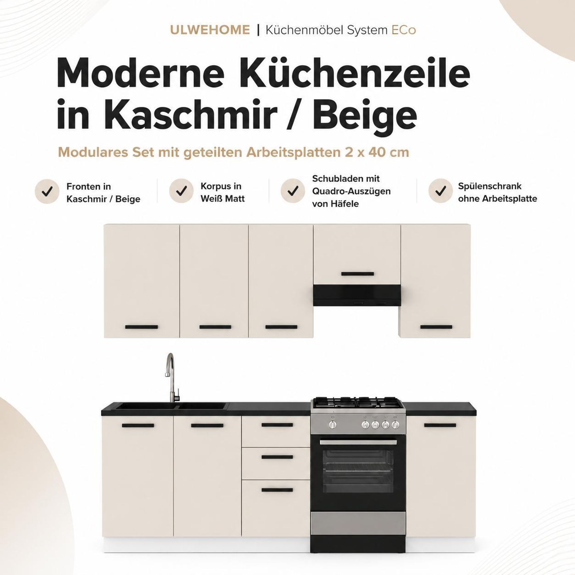 ULWEHOME Küchenzeile 220 cm in Kaschmir-Beige mit Schränken und zwei 40 cm Arbeitsplatten.