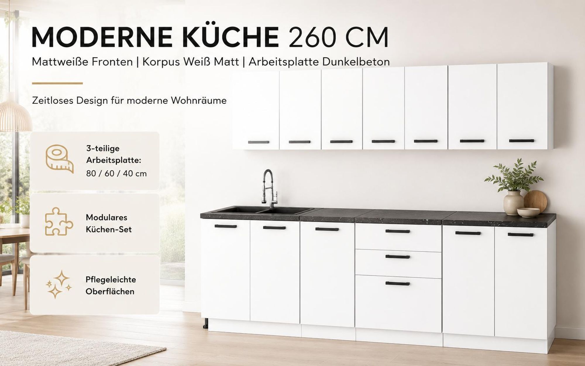 Moderne Küchenzeile 260 cm in Mattweiß mit 3-teiliger Arbeitsplatte in Dunkelbeton