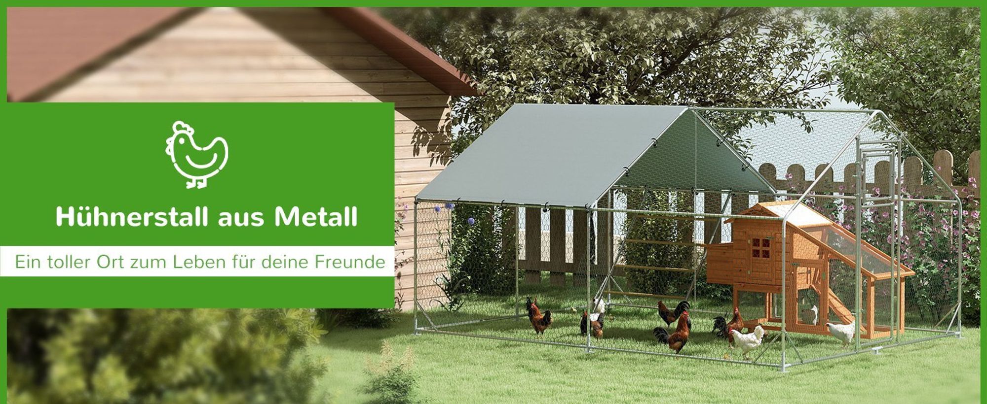 PawHut Hühnerstall Freilaufgehege aus Stahl, 3 x 4 x 1,95 m für 12-18 Hühner