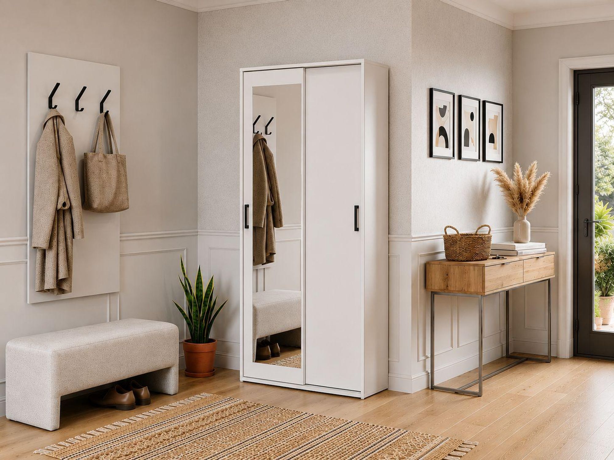 BEAUTYSOFA | Kleiderschrank LANO 90 cm Weiß Schrank mit Spiegel – Schwebetüren, Kompaktgarderobe, Garderobenschrank mit Regalen und Kleiderstange