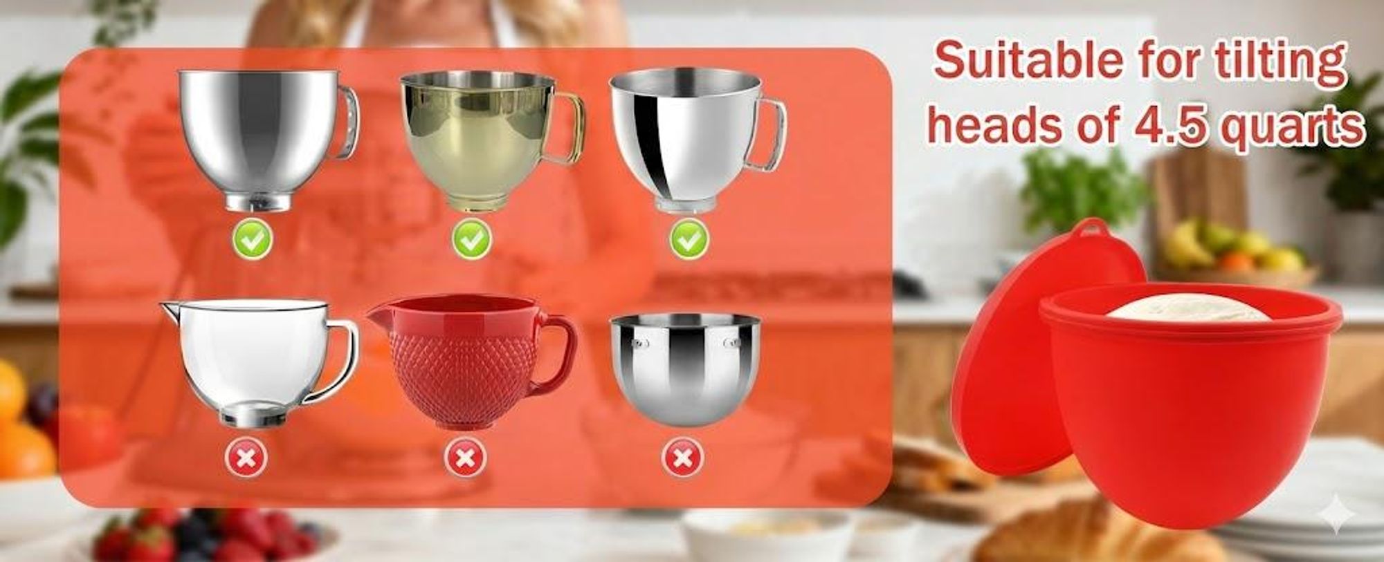 Silikoneinsatz für Kitchenaid, Silikonschüssel Zubehör für 4,5 Quart Küchenmaschine, Rührschüssel-Einsatz mit Deckel, Rutschfestes & Hitzebeständiges
