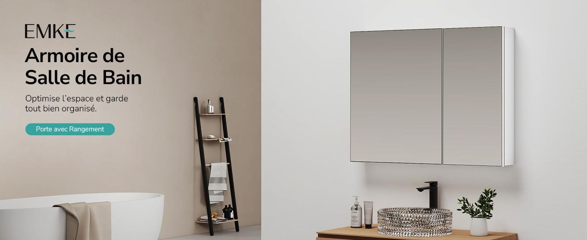 EMKE Armoire de toilette Blanc mat Double porte 65x80x14,5 cm Montage mural avec rangement & étagère en verre acier réglable Idéal pour l'organisation de la salle de bain