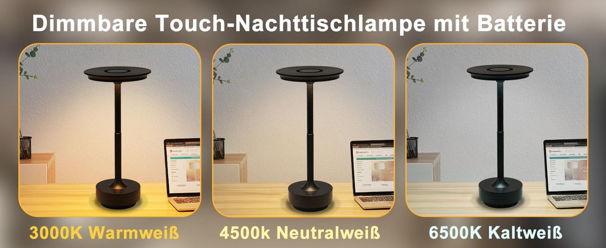 ZMH Tischlampe Kabellos Nachttischlampe Akku LED Tischleuchte Touch Dimmbar Lampe mit USB Aufladbar Schwarz Batterie Tischlampen für Modern Fensterbank Wohnzimmer Kinderzimmer Schlafzimmer