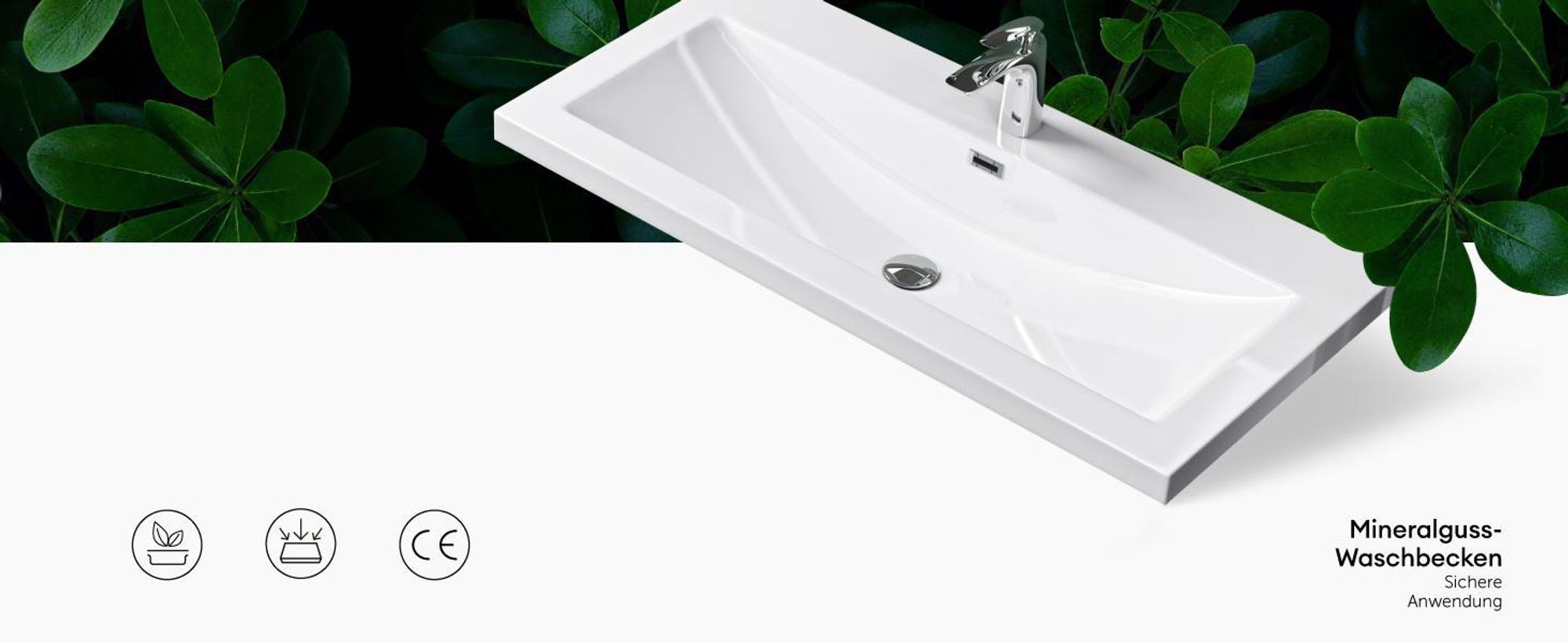 Mai & Mai Einbau-Waschbecken Waschschale Waschtisch Mineralguss Weiß Rechteckig 1 Armaturenloch Überlauf-Funktion Breite: 76,5cm Col01