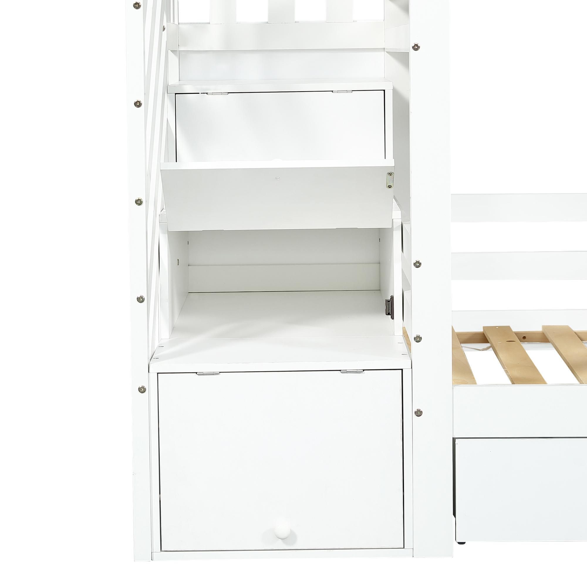 Flieks Etagenbett 90x200cm mit 2 Schubladen, Kinderbett Hausbett mit Fenster und Rausfallschutz, Hochbett Einzelbett 2 Kinder, Weiß