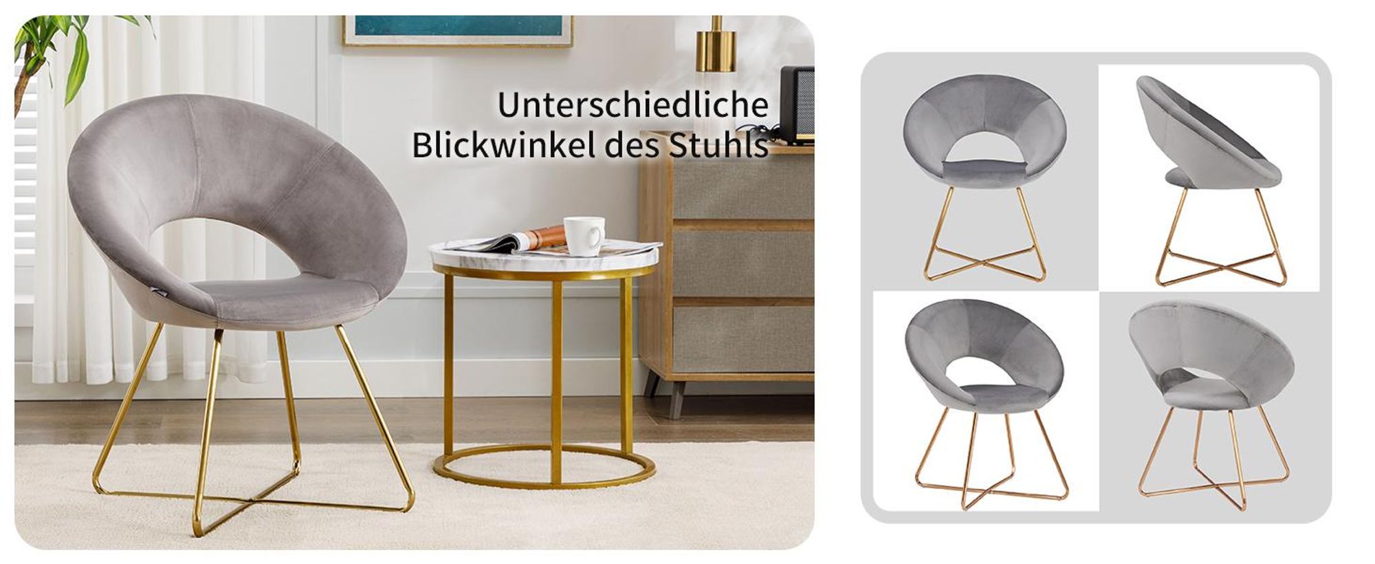Duhome Esszimmerstuhl Schminktisch Stuhl Wohnzimmerstuhl Samt Sessel Küchenstuhl Polsterstuhl mit X Metallbeine, Grau