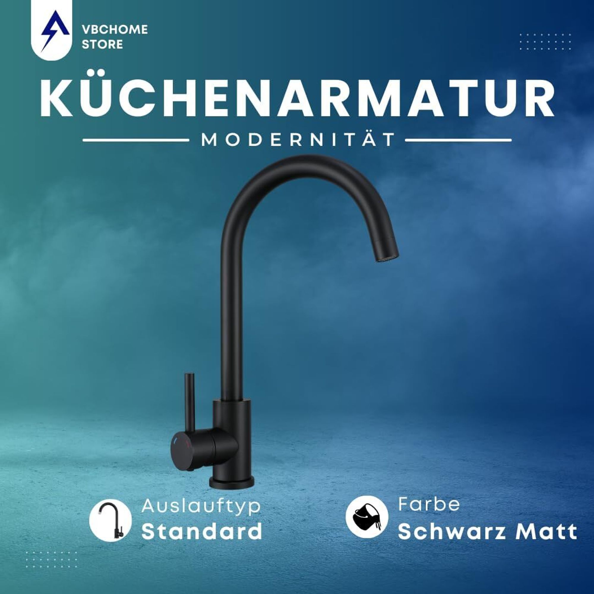 VBChome Küchenarmatur Schwarz Matt Granitoptik 360° drehbar – Einhebel Mischbatterie für Spüle, Wasserhahn modern für Spültisch
