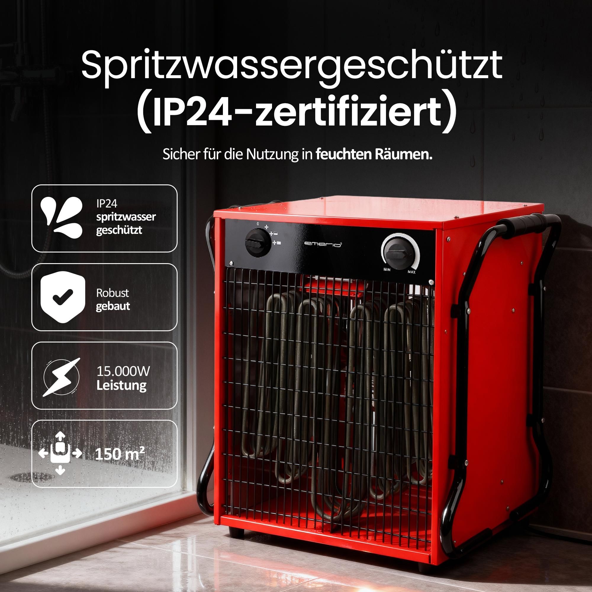 Emerio Power-Heizlüfter FH-117330 – Bauheizer – 150 m² - 15.000 W – 400 V – 2 Heizstufen – einstellbarer Thermostat - IP24 - Kippschutz