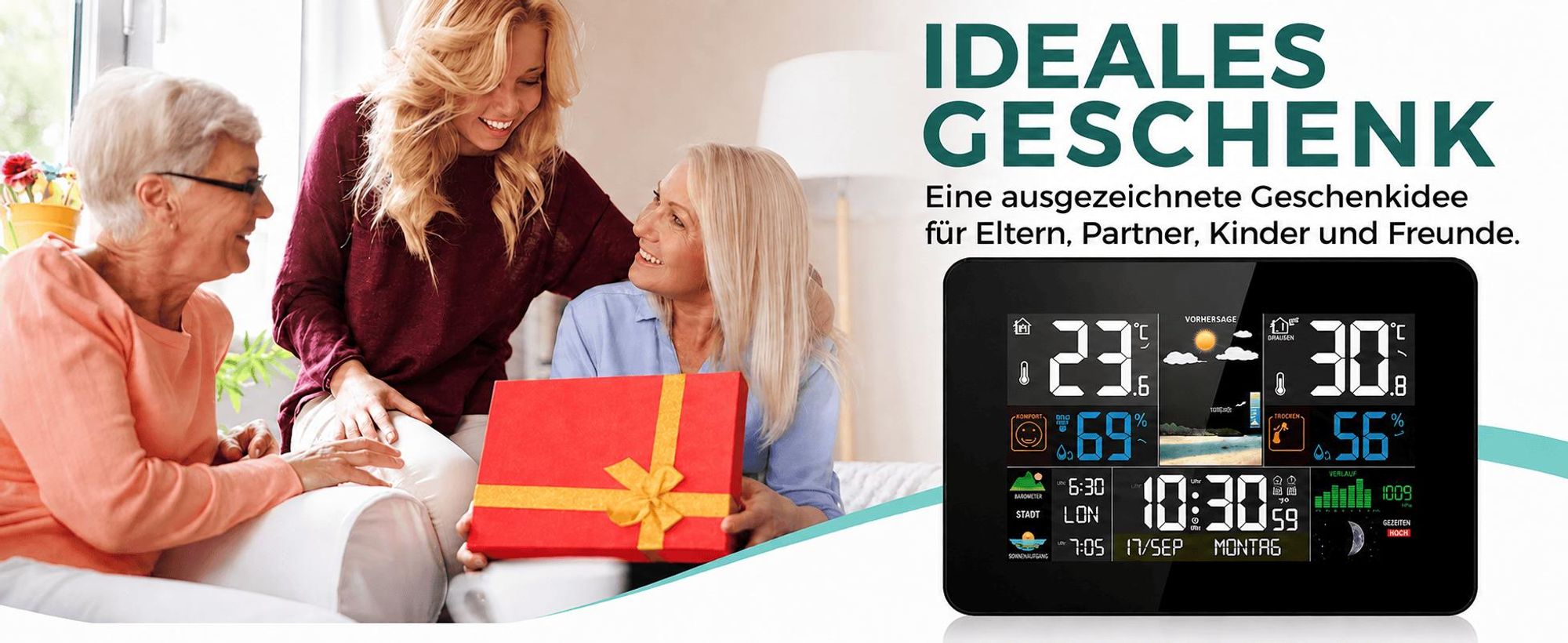 LCD Funk-Wetterstation mit Außensensor, Großes Touchscreen Farbdisplay, Wecker Funkuhr Kalender Vorhersage Hygro