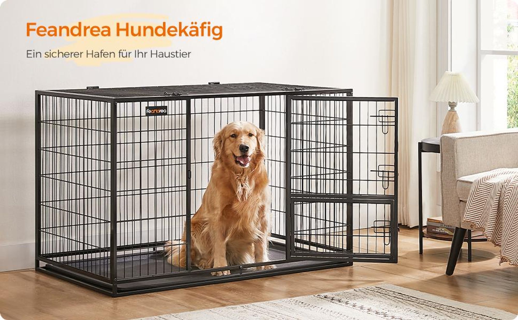 FEANDREA Hundekäfig, 122 x 74,5 x 80,5 cm, mit 2 Türen, schwarz PPD003B01V1