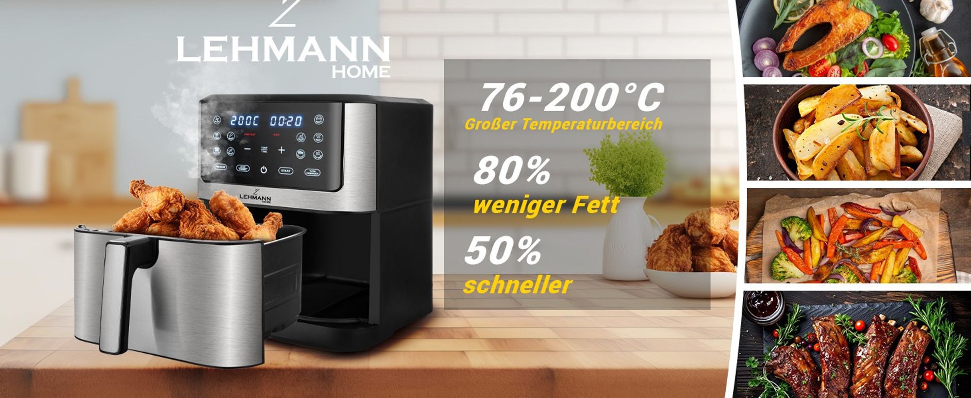 Lehmann 8L Heißluftfritteuse mit 10 Kochprogrammen, 1800 W Air Fryer mit Digitalem LED-Touchscreen und Timer, bis zu 200 °C, gesundes Essen ohne Öl