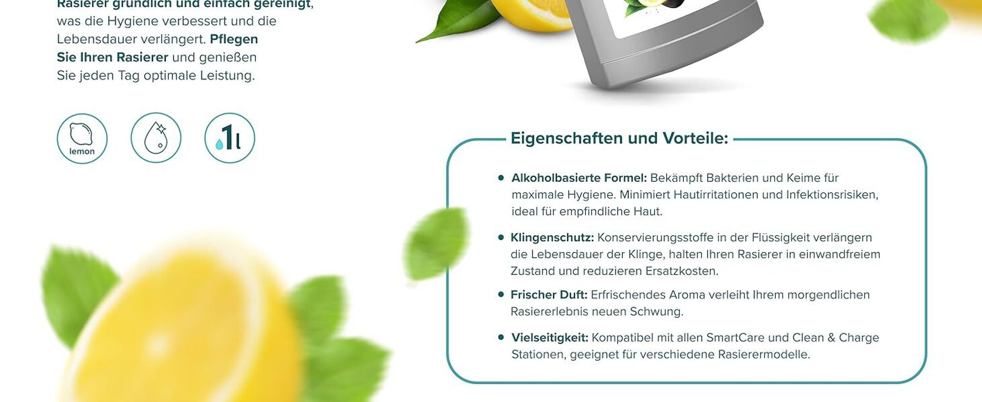 Sillar Scherkopfreiniger Nachfüllflüssigkeit 2L - Zitronen-Formel - Kompatibel mit Braun CCR Serie 3, 5, 7, 9,Clean&Renew