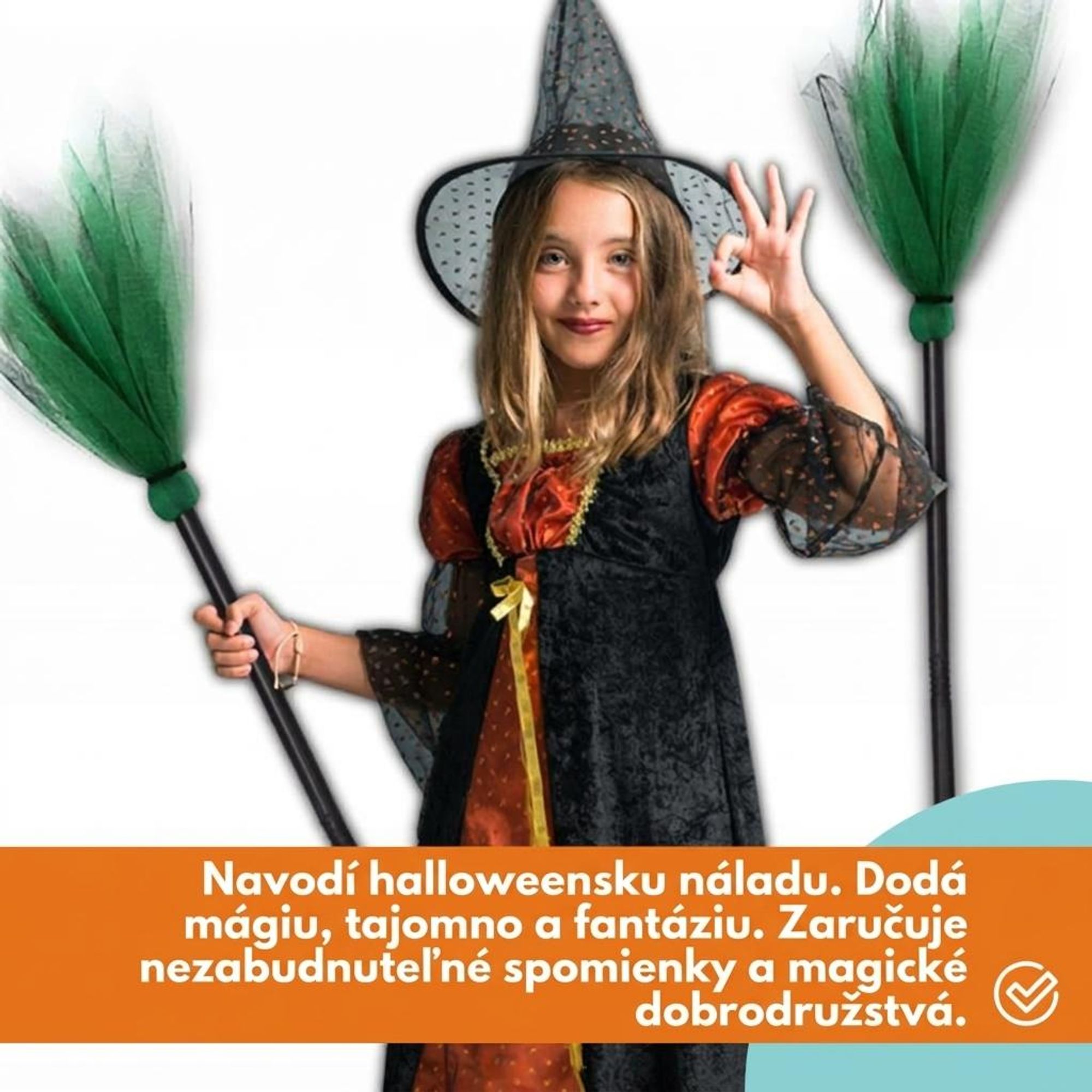 KRUMAD čarodejnícka metla zelená 87 cm - skladacia, ľahká a robustná, doplnok ku kostýmu pre deti a dospelých, Halloween a karneval