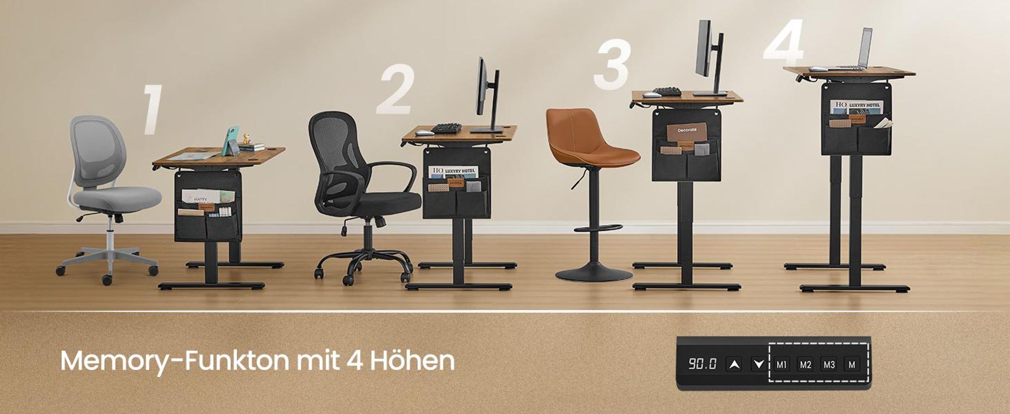 SONGMICS Höhenverstellbarer Schreibtisch elektrisch, 100 cm, Memory-Funktion mit 4 Höhen, USB-C-Anschluss