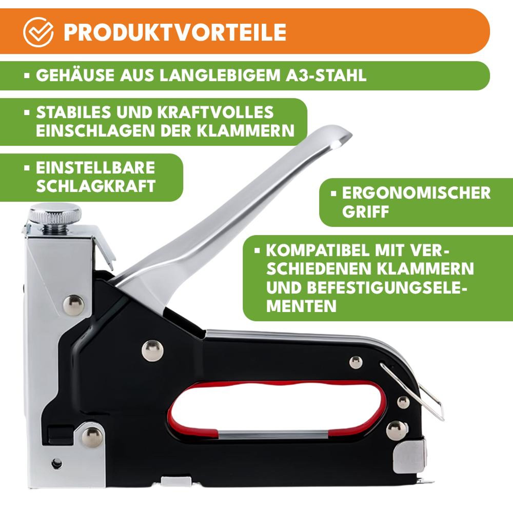 KRUMAD Handtacker Profi, Tackerpistole mit einstellbarer Schlagkraft, kompatibel mit D U T Klammern, robustes Stahlgehäuse
